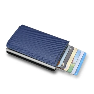 Aluminiowe etui na karty z wysuwanym mechanizmem RFID – Granatowe
